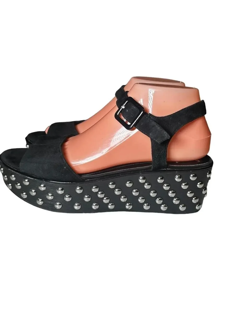 B Brian Atwood Black Suede Franki Studded Platform Wedge Sandals Size 8.5